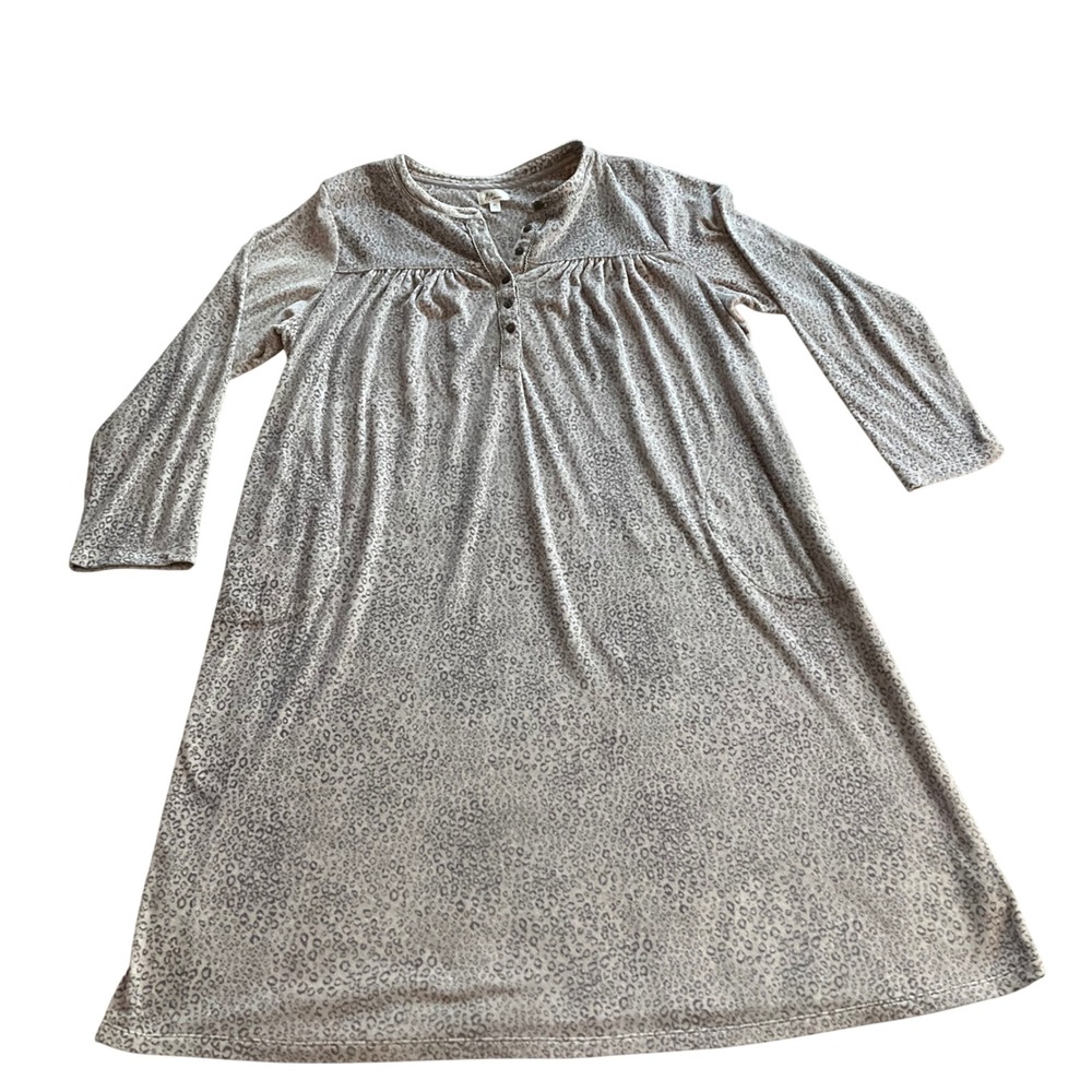 Aria Collection Nightgown Women XL Grey Leopard Print Long Sleeve Fleece